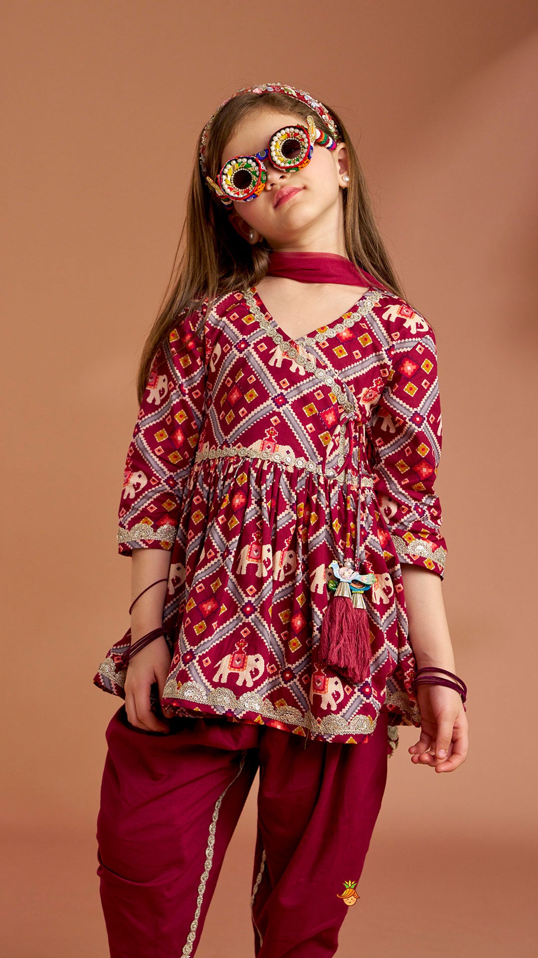 Beautiful Patola-Printed Angarkha Style Kurti And Dhoti With Dupatta