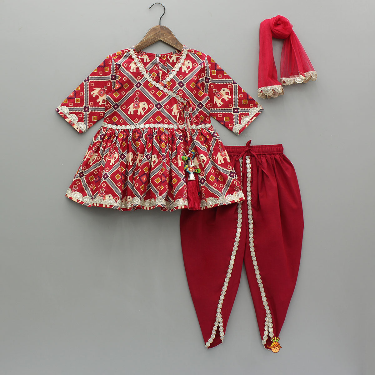 Beautiful Patola-Printed Angarkha Style Red Kurti And Dhoti With Dupatta