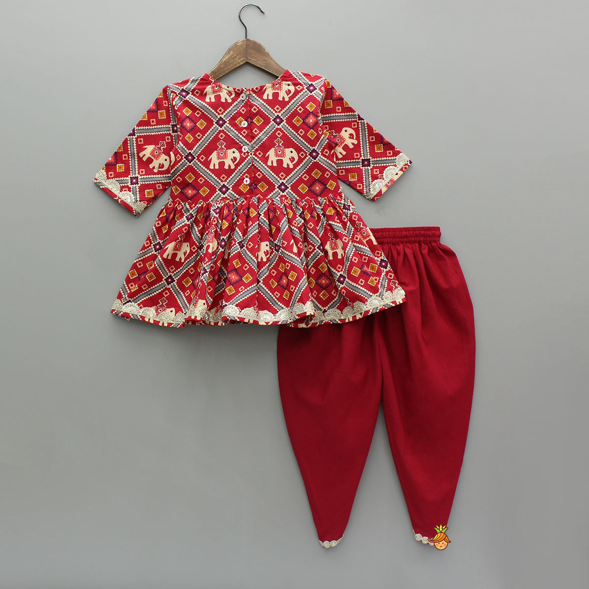 Beautiful Patola-Printed Angarkha Style Red Kurti And Dhoti With Dupatta