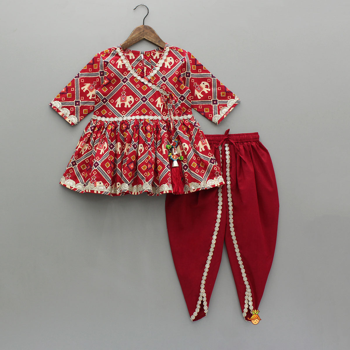 Beautiful Patola-Printed Angarkha Style Red Kurti And Dhoti With Dupatta