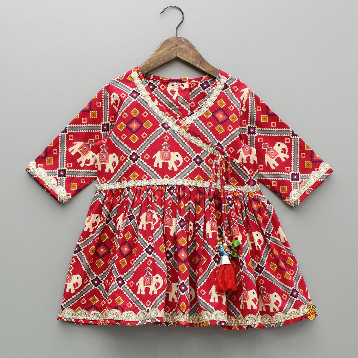 Beautiful Patola-Printed Angarkha Style Red Kurti And Dhoti With Dupatta