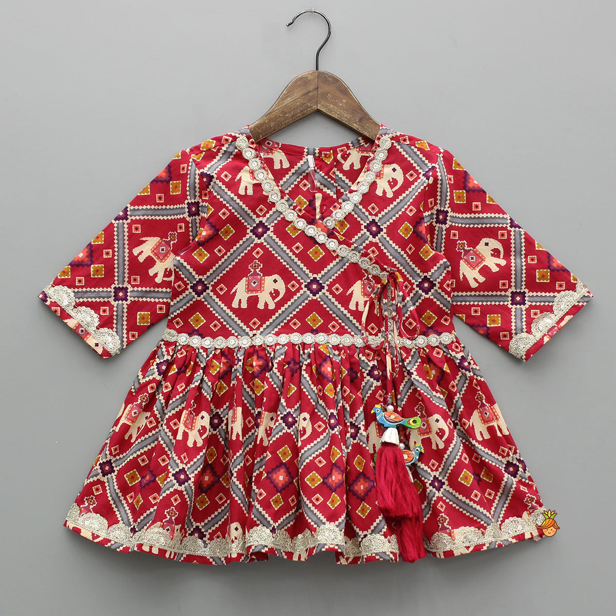 Beautiful Patola-Printed Angarkha Style Red Kurti And Dhoti With Dupatta