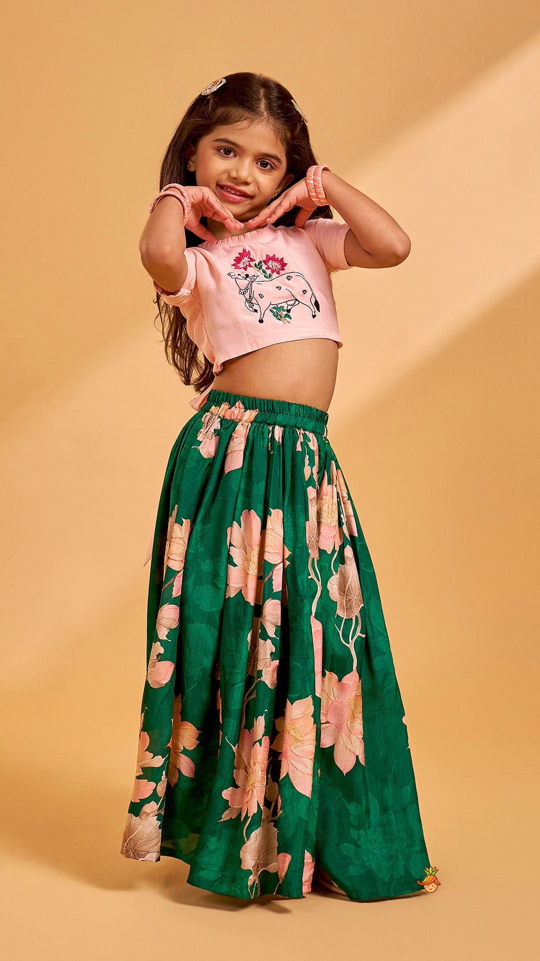 Pleated Neckline Peach Printed Top And Floral Printed Green Palazzo