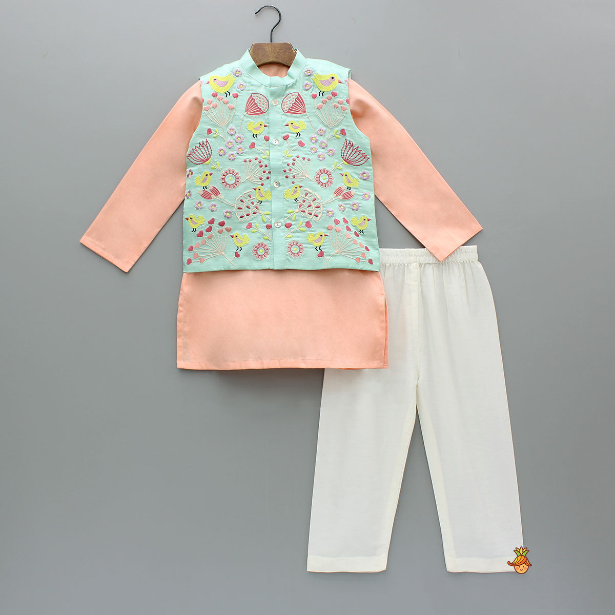 Peach Kurta With Embroidered Multicolor Jacket And Pyjama