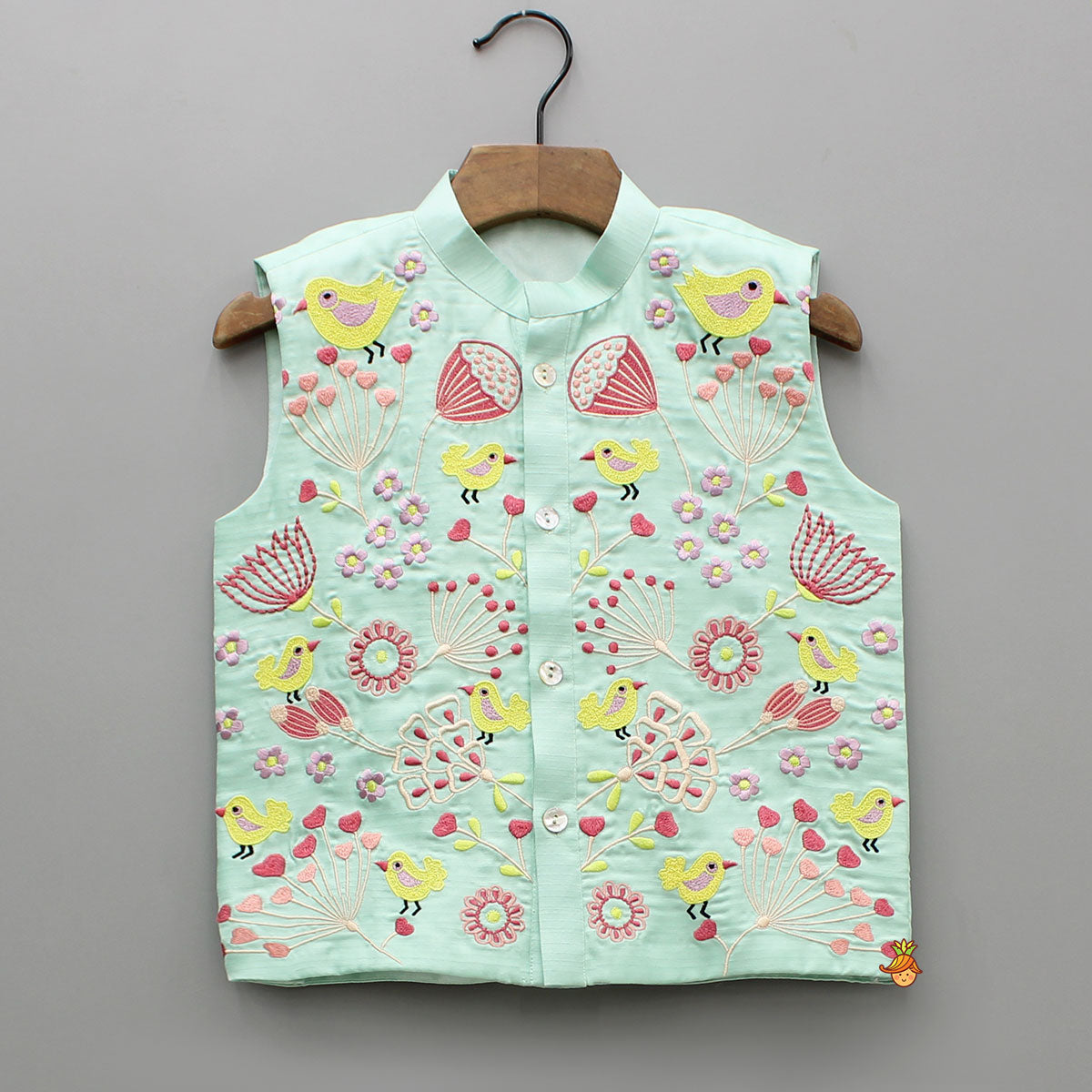 Peach Kurta With Embroidered Multicolor Jacket And Pyjama