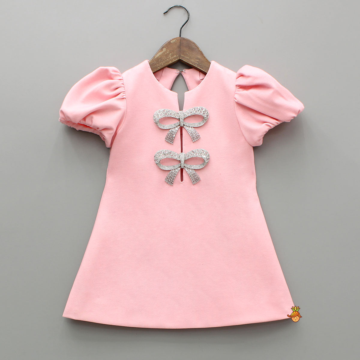 Pink Puff Sleeve Dress With Shiny Bowtie Embellishments