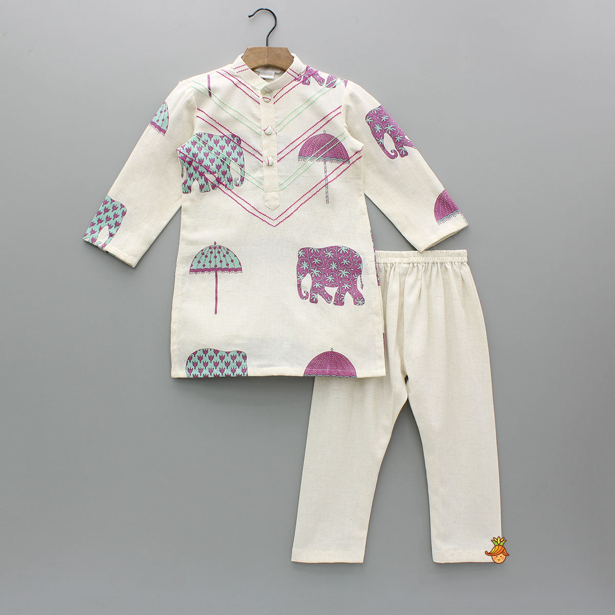 Animal Printed Off White Khadi Cotton Kurta With Pyjama