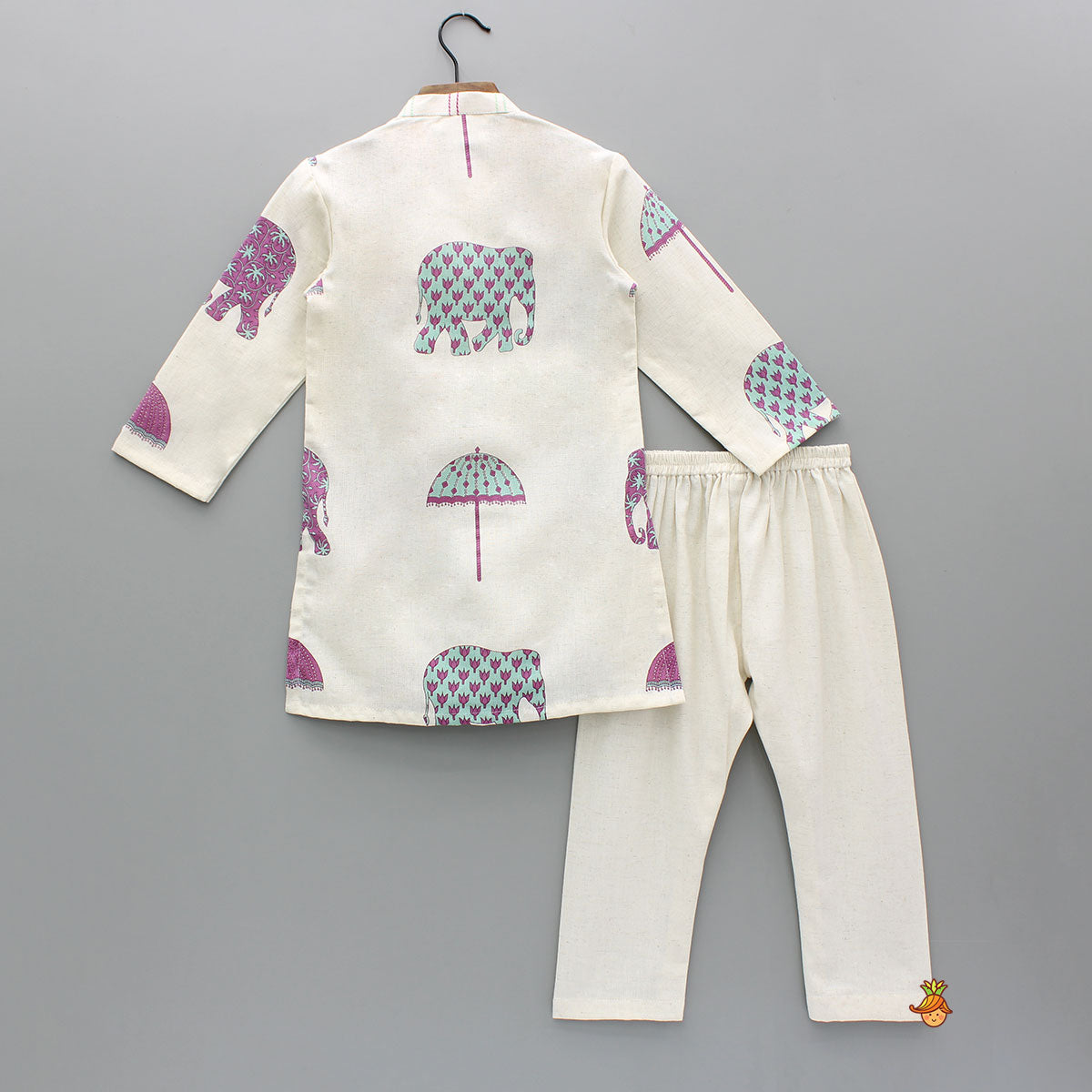 Animal Printed Off White Khadi Cotton Kurta With Pyjama