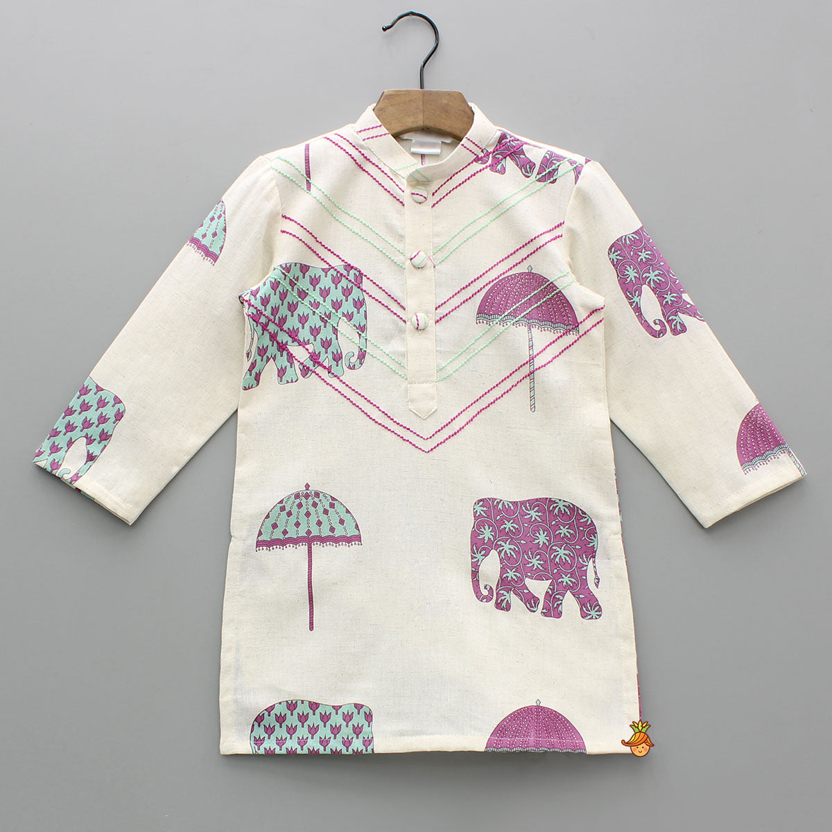 Animal Printed Off White Khadi Cotton Kurta With Pyjama