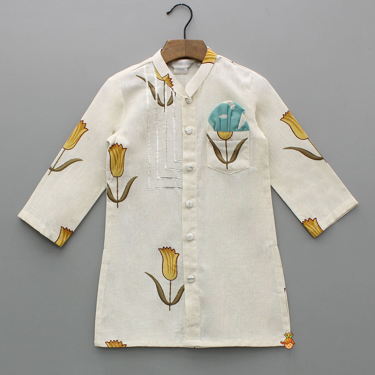 Yellow Tulip Printed Khadi Cotton Kurta And Pyjama