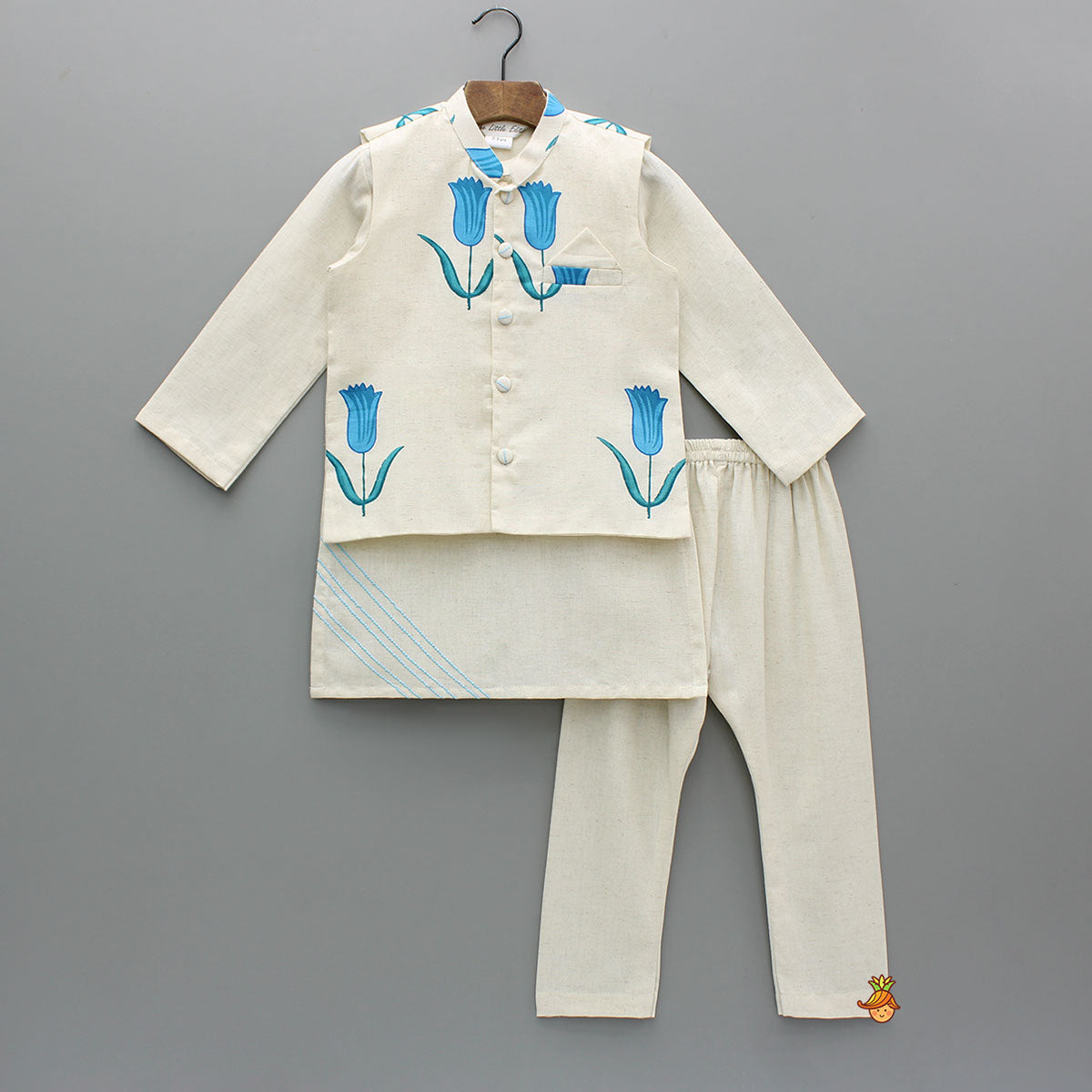 Off White Khadi Cotton Kurta With Tulip Printed Jacket And Pyjama