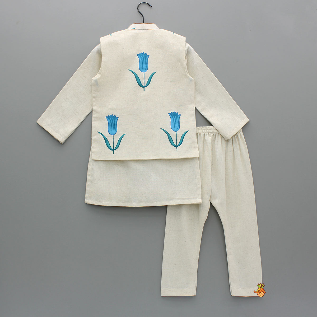 Off White Khadi Cotton Kurta With Tulip Printed Jacket And Pyjama