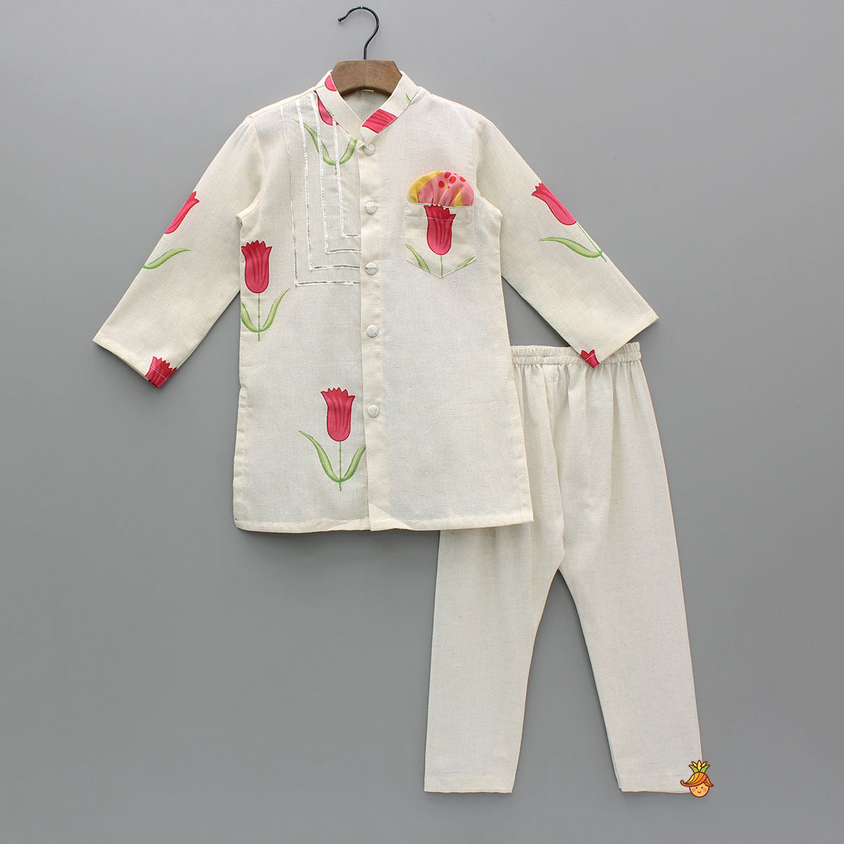 Red Tulip Printed Khadi Cotton Kurta And Pyjama