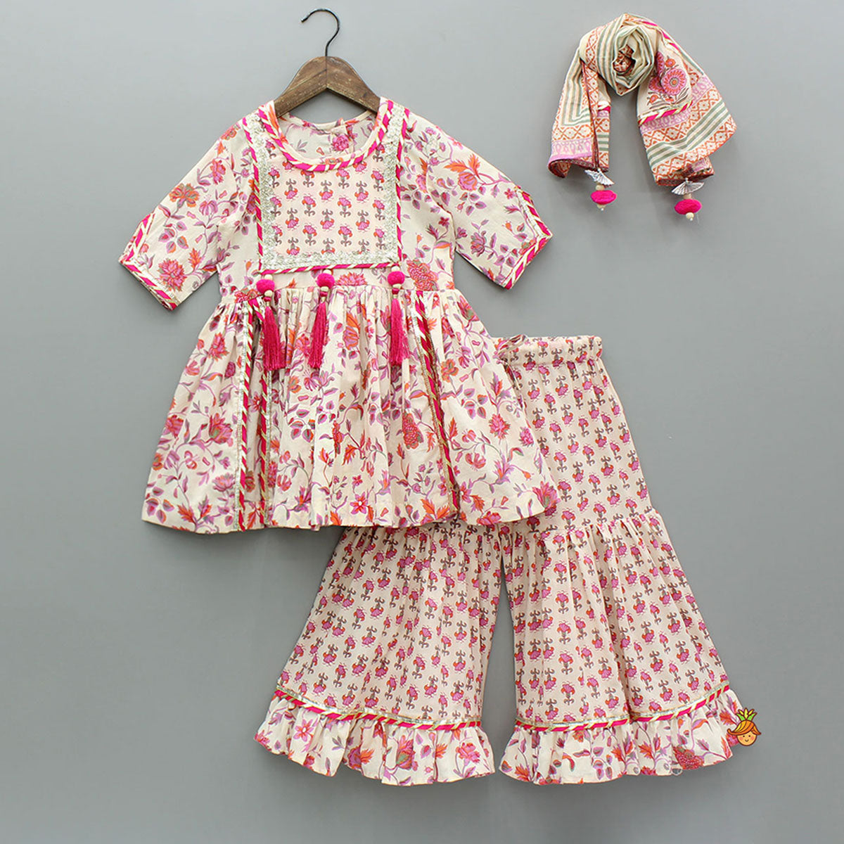 Tassel Adorned Floral Print Kurti And Sharara With Dupatta