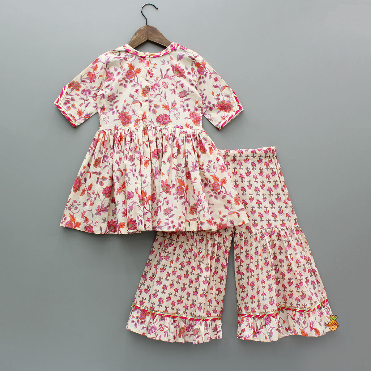 Tassel Adorned Floral Print Kurti And Sharara With Dupatta