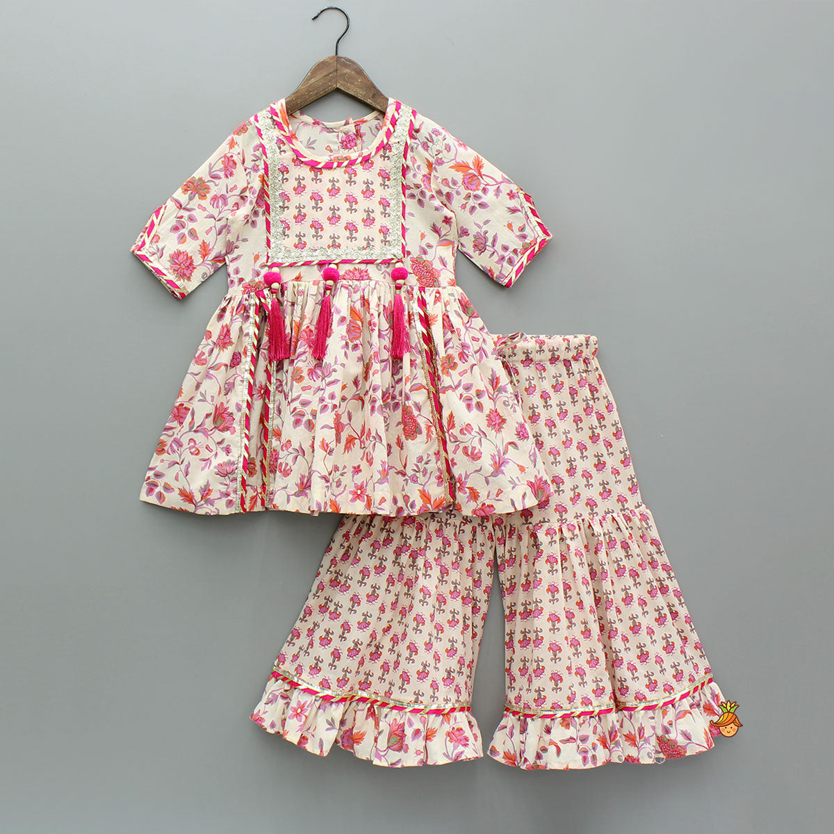 Tassel Adorned Floral Print Kurti And Sharara With Dupatta