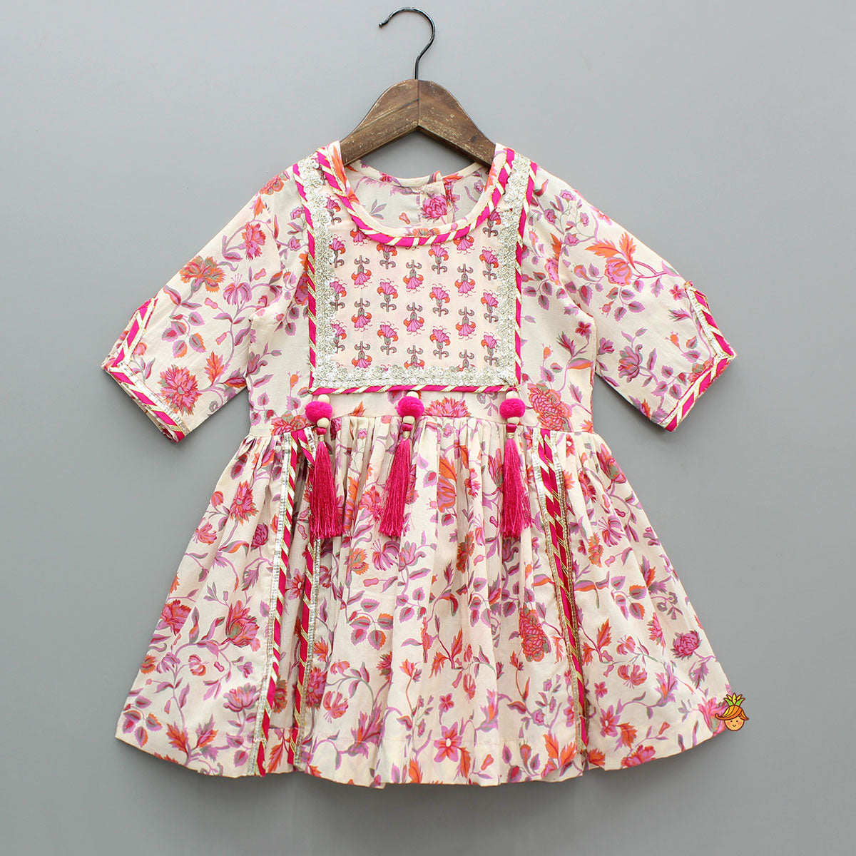 Tassel Adorned Floral Print Kurti And Sharara With Dupatta