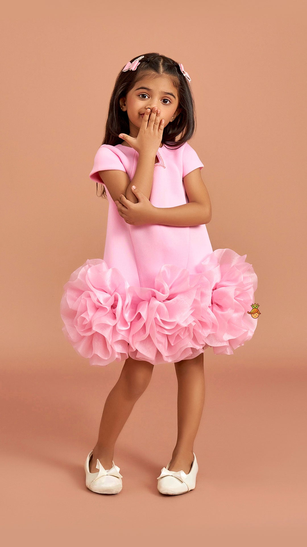 Pink Elegant Embellished Dress With Organza Flower Detail