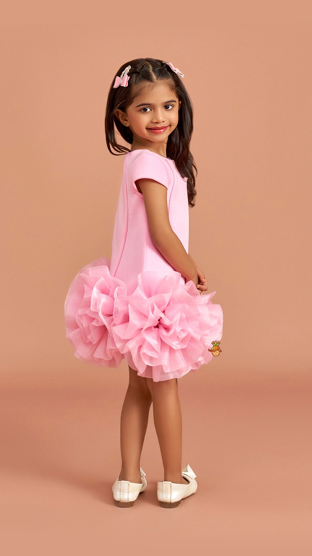Pink Elegant Embellished Dress With Organza Flower Detail