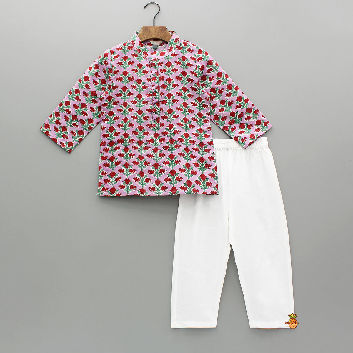 Pink Cotton Floral Kurta With White Pyjama