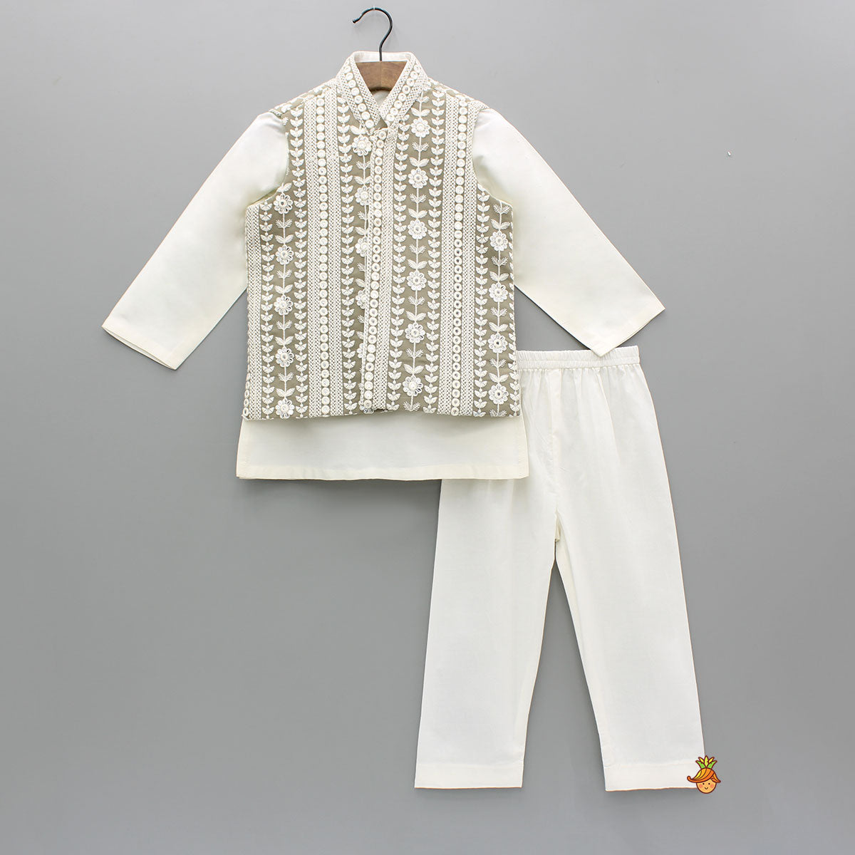 Off White Kurta With Faux Mirror Embroidered Grey Jacket And Pyjama