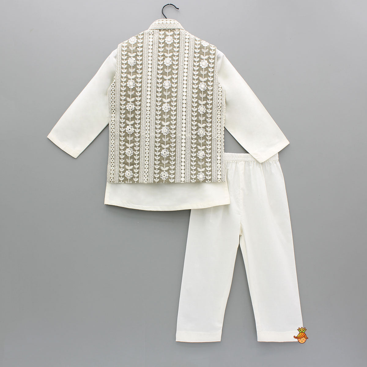 Off White Kurta With Faux Mirror Embroidered Grey Jacket And Pyjama