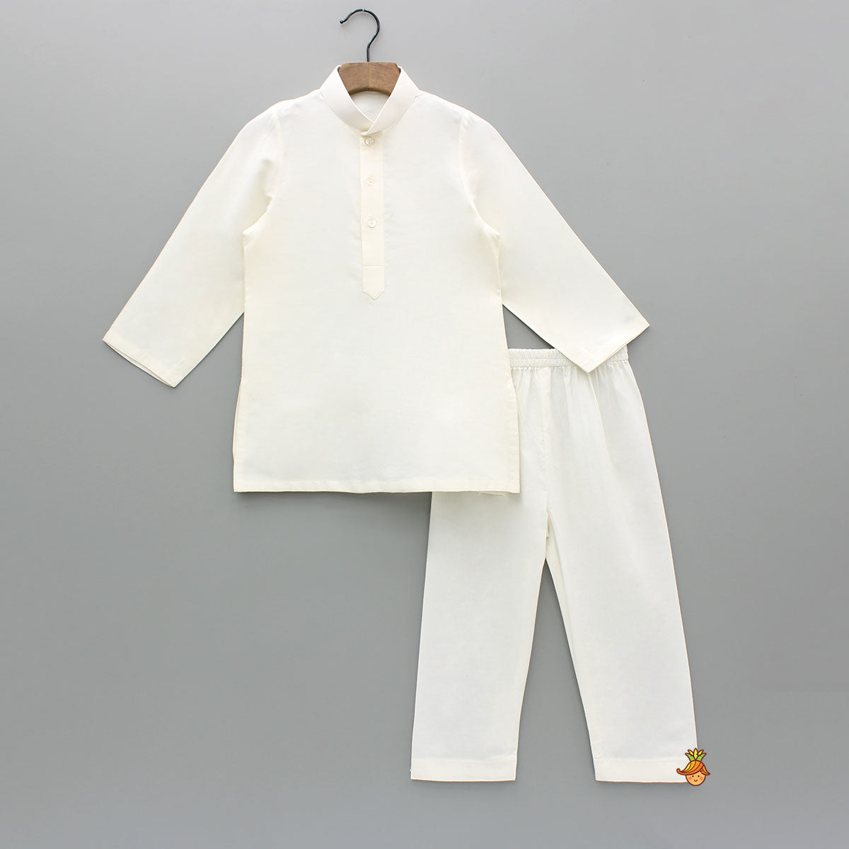 Off White Kurta With Faux Mirror Embroidered Grey Jacket And Pyjama