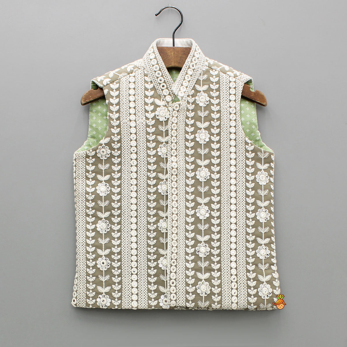Off White Kurta With Faux Mirror Embroidered Grey Jacket And Pyjama
