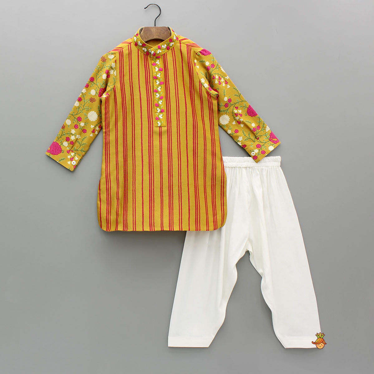 Mustard Striped Floral Chanderi Kurta And Off White Salwar