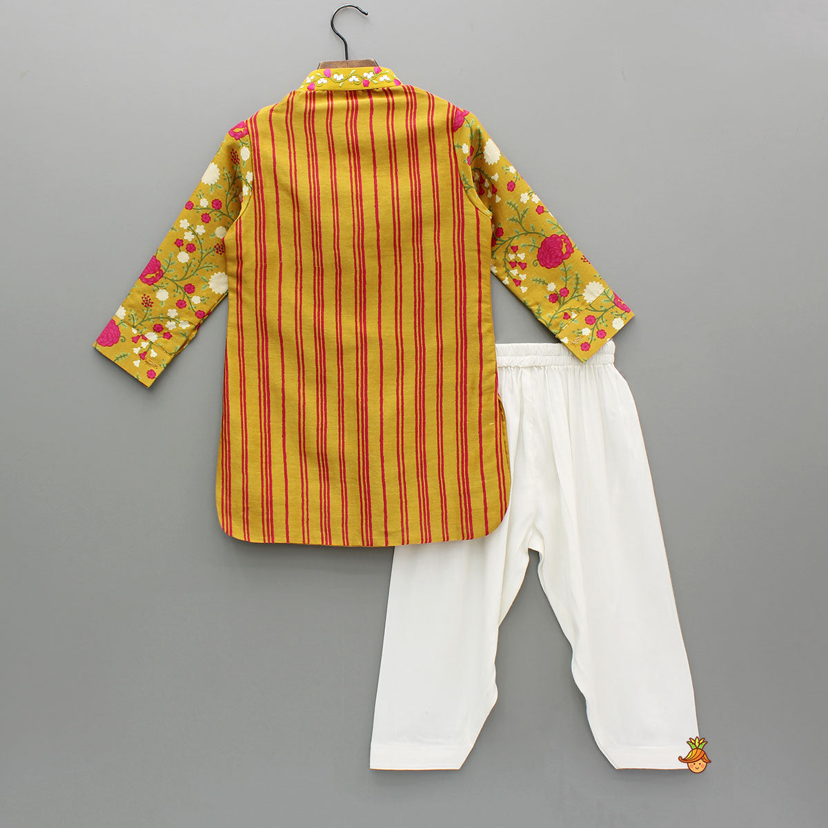 Mustard Striped Floral Chanderi Kurta And Off White Salwar