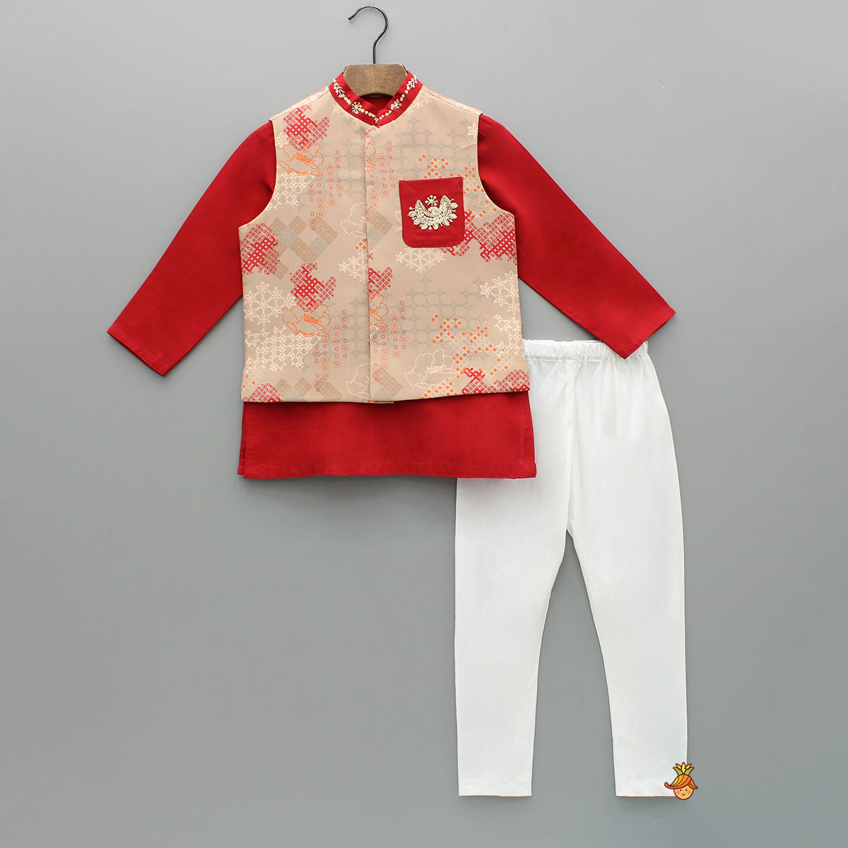 Red Kurta With Geometric Printed Embroidered Jacket And Pyjama