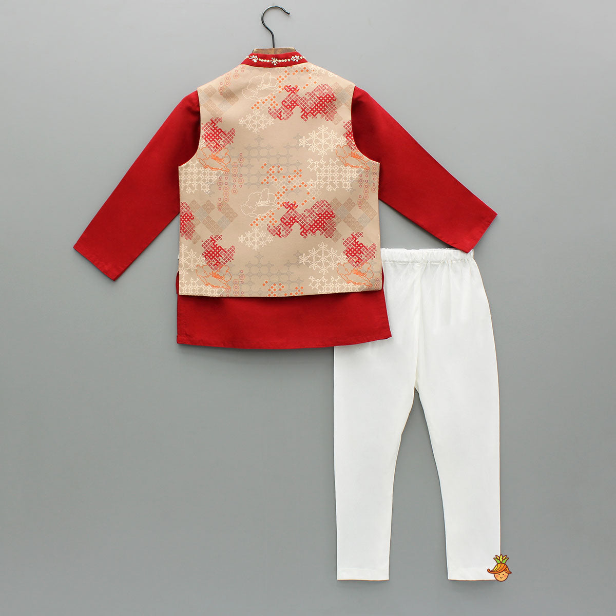 Red Kurta With Geometric Printed Embroidered Jacket And Pyjama