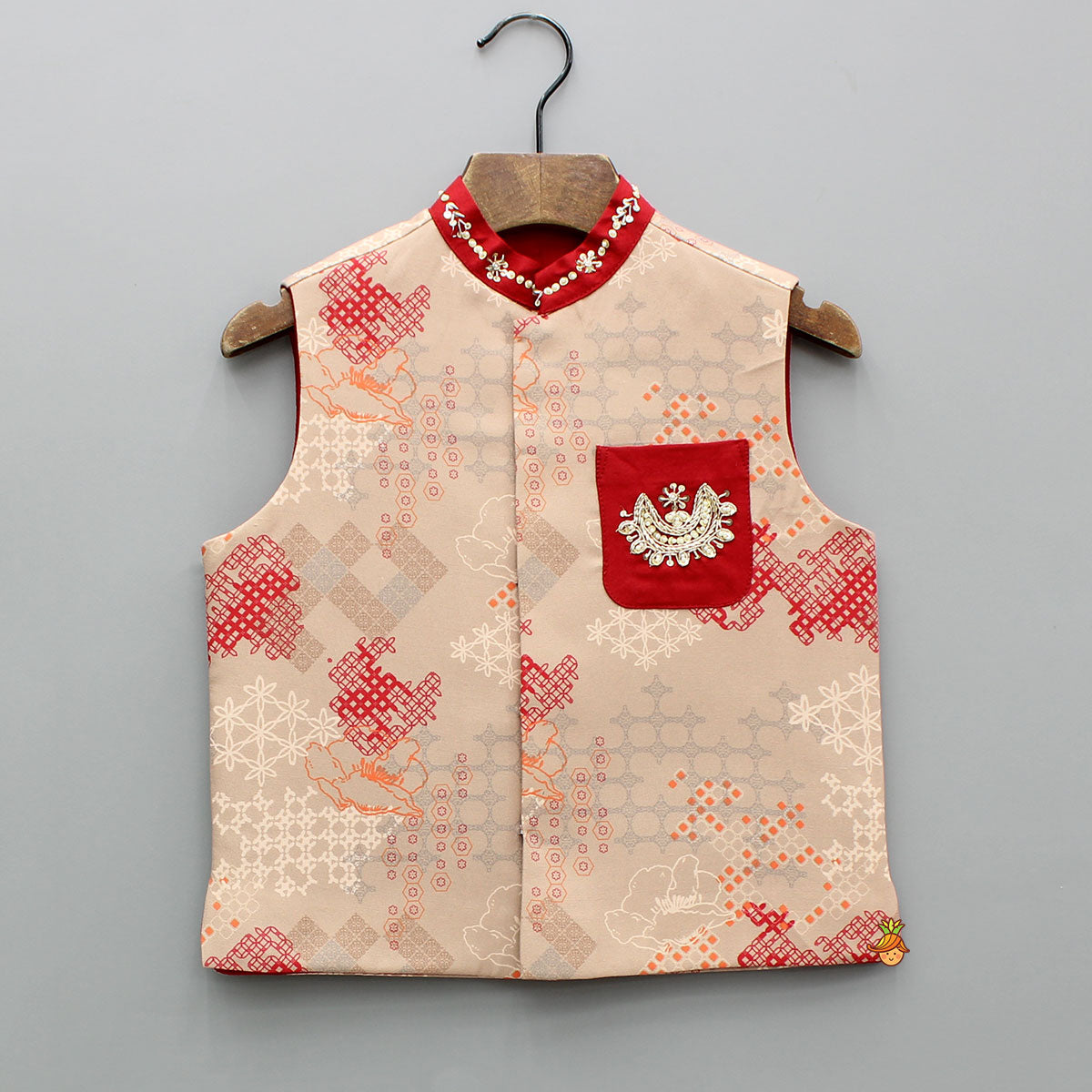 Red Kurta With Geometric Printed Embroidered Jacket And Pyjama