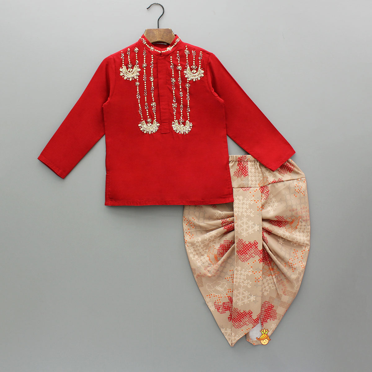 Zardozi Embroidered Front Placket Red Kurta And Printed Dhoti