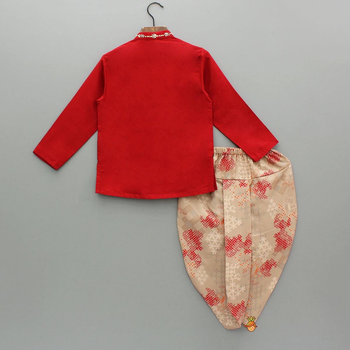 Zardozi Embroidered Front Placket Red Kurta And Printed Dhoti