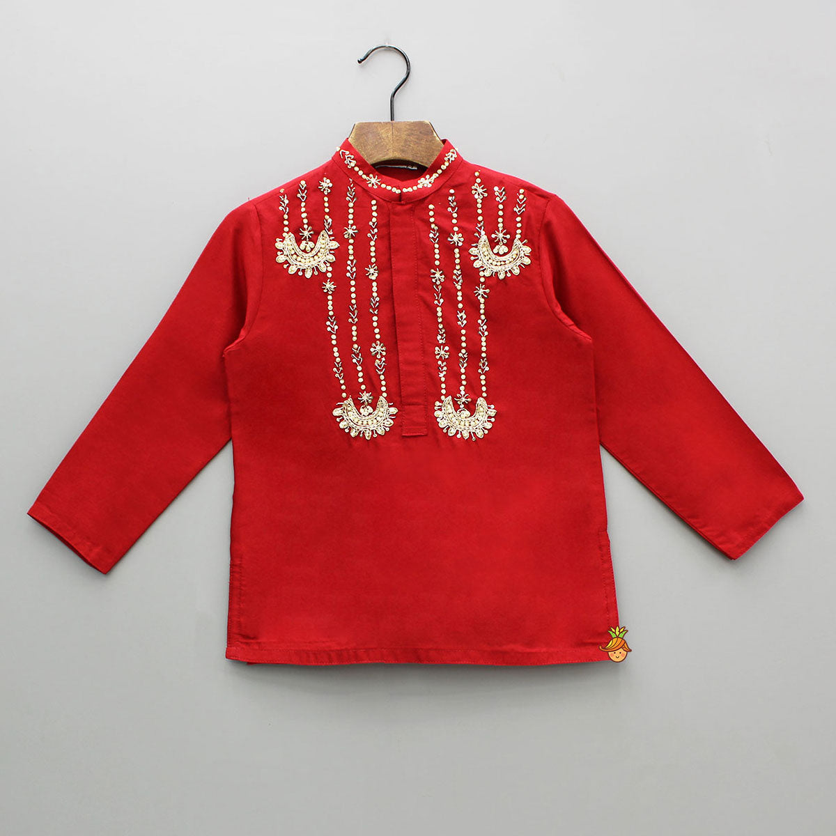 Zardozi Embroidered Front Placket Red Kurta And Printed Dhoti