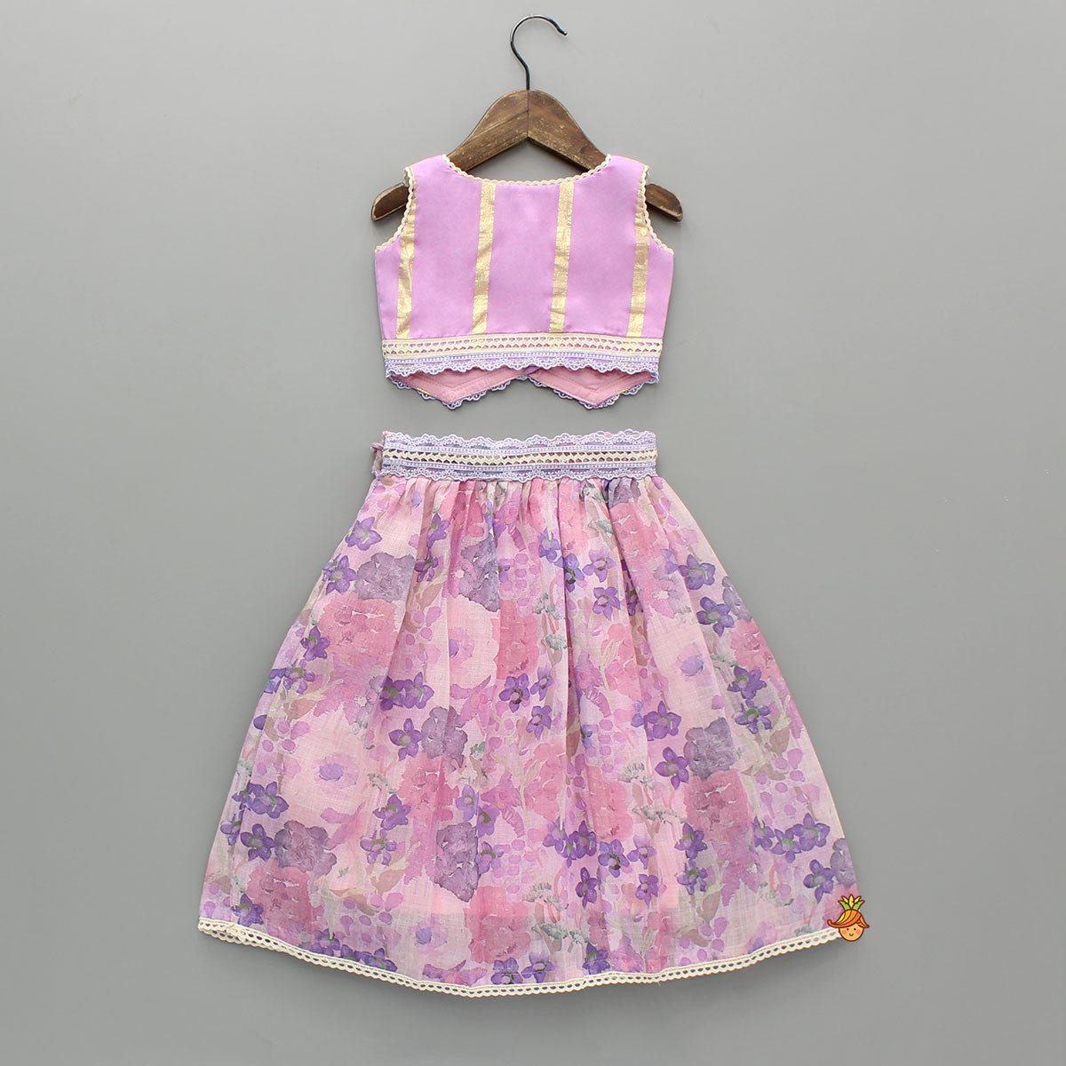 Heart Detail Pink Top With Floral Lehenga