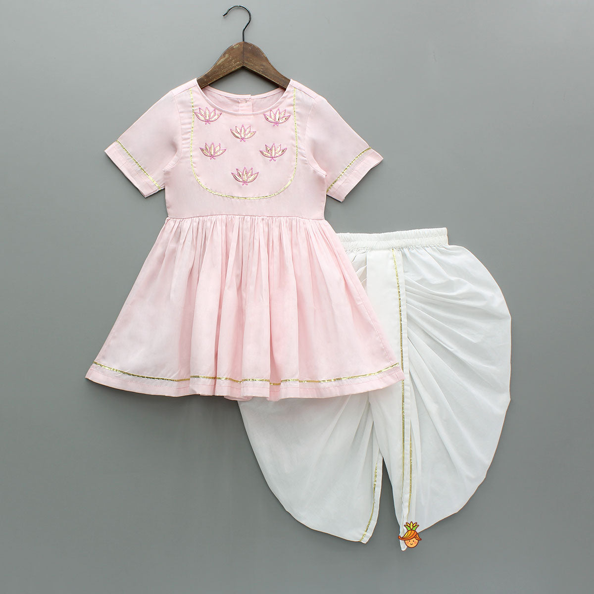 Lotus Embroidered Pink Kurta With Tulip Style Dhoti