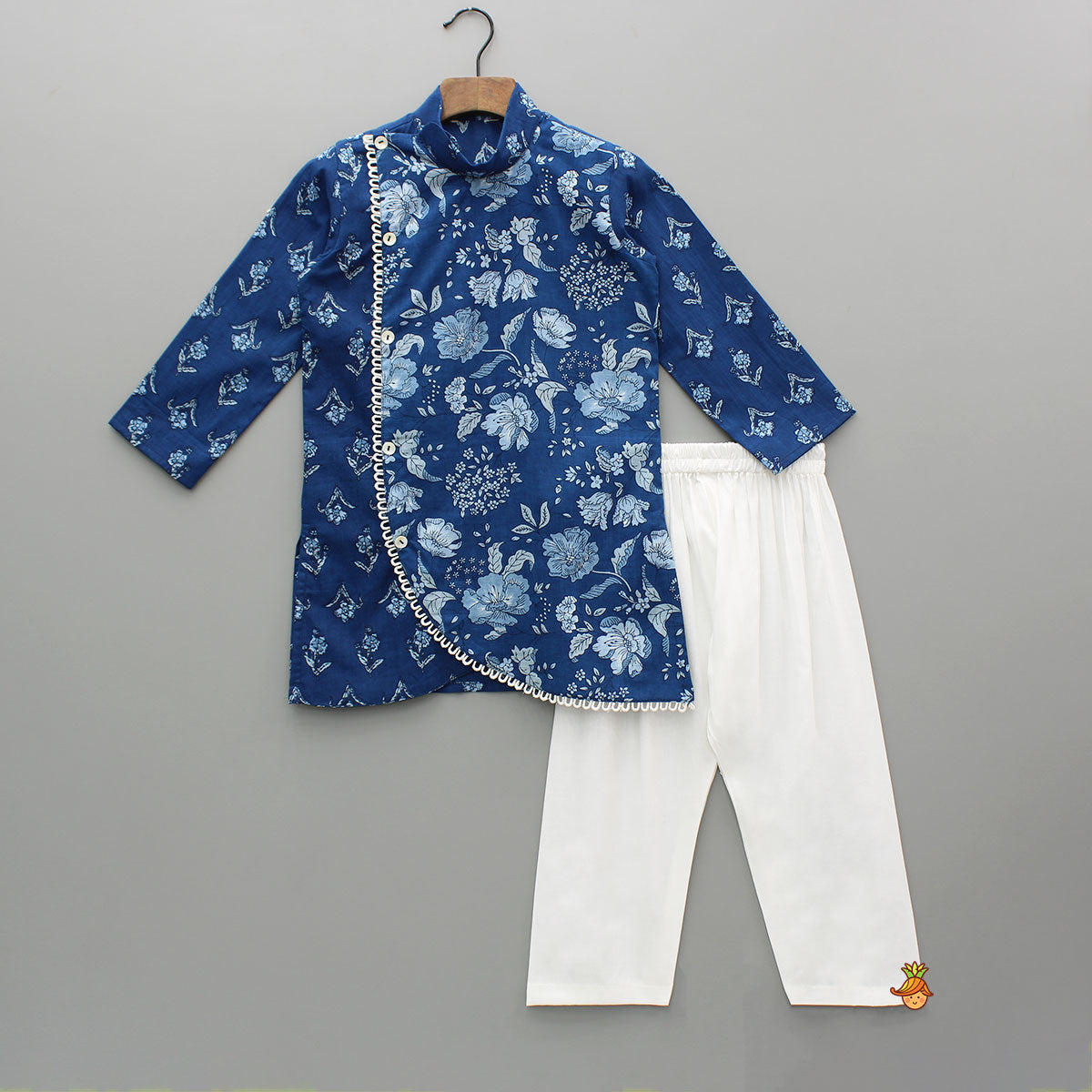 Blue Printed Asymmetric Kurta And Pyjama