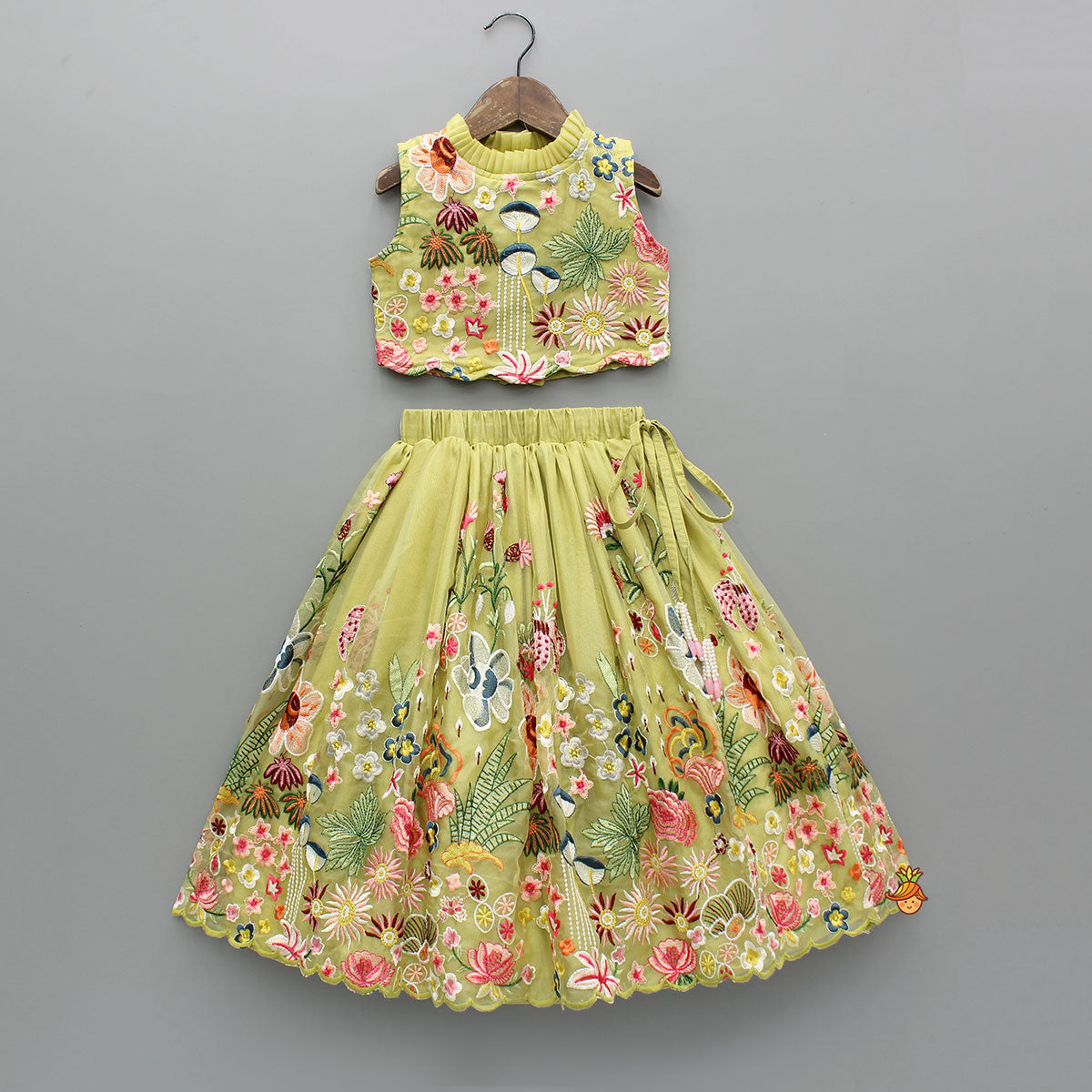 Scalloped Hem Thread Embroidered Green Top And Lehenga