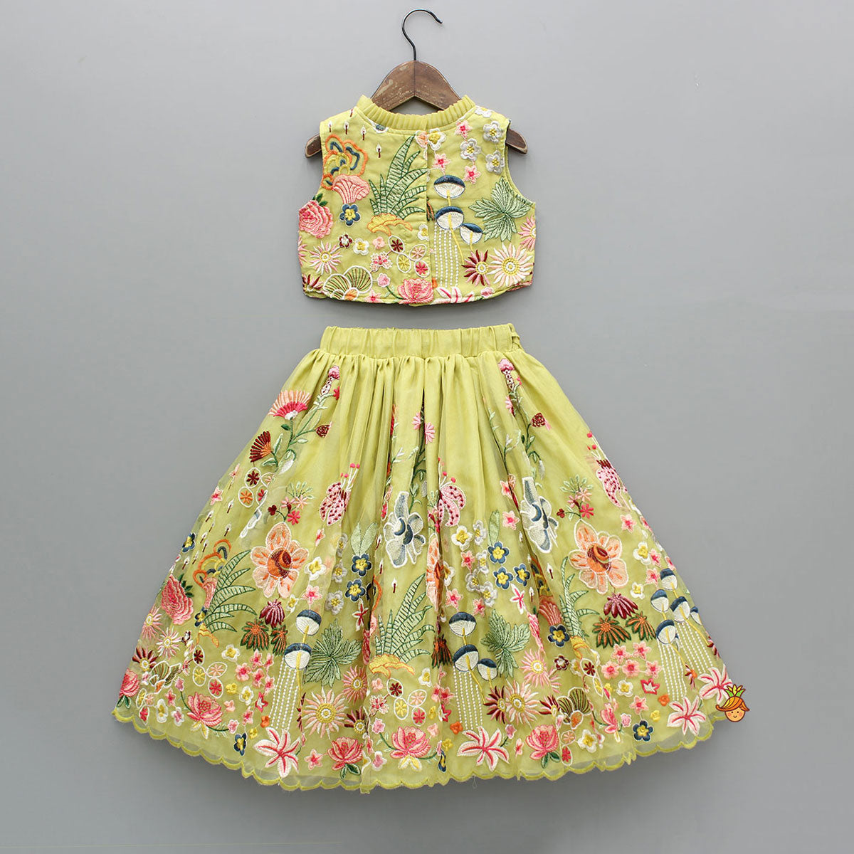 Scalloped Hem Thread Embroidered Green Top And Lehenga