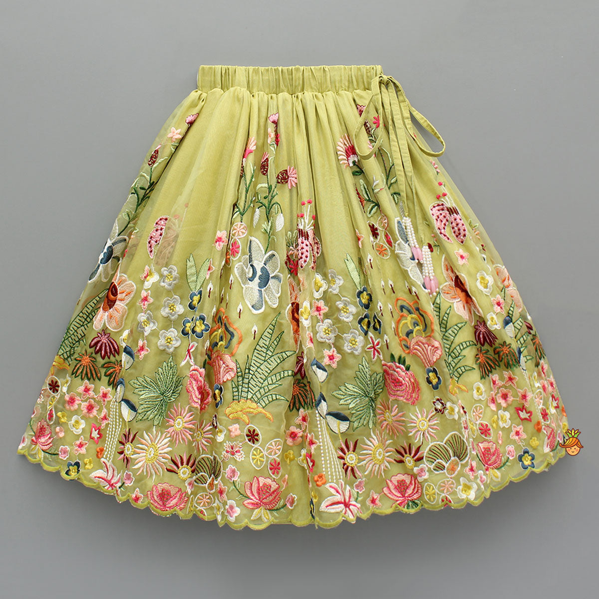 Scalloped Hem Thread Embroidered Green Top And Lehenga