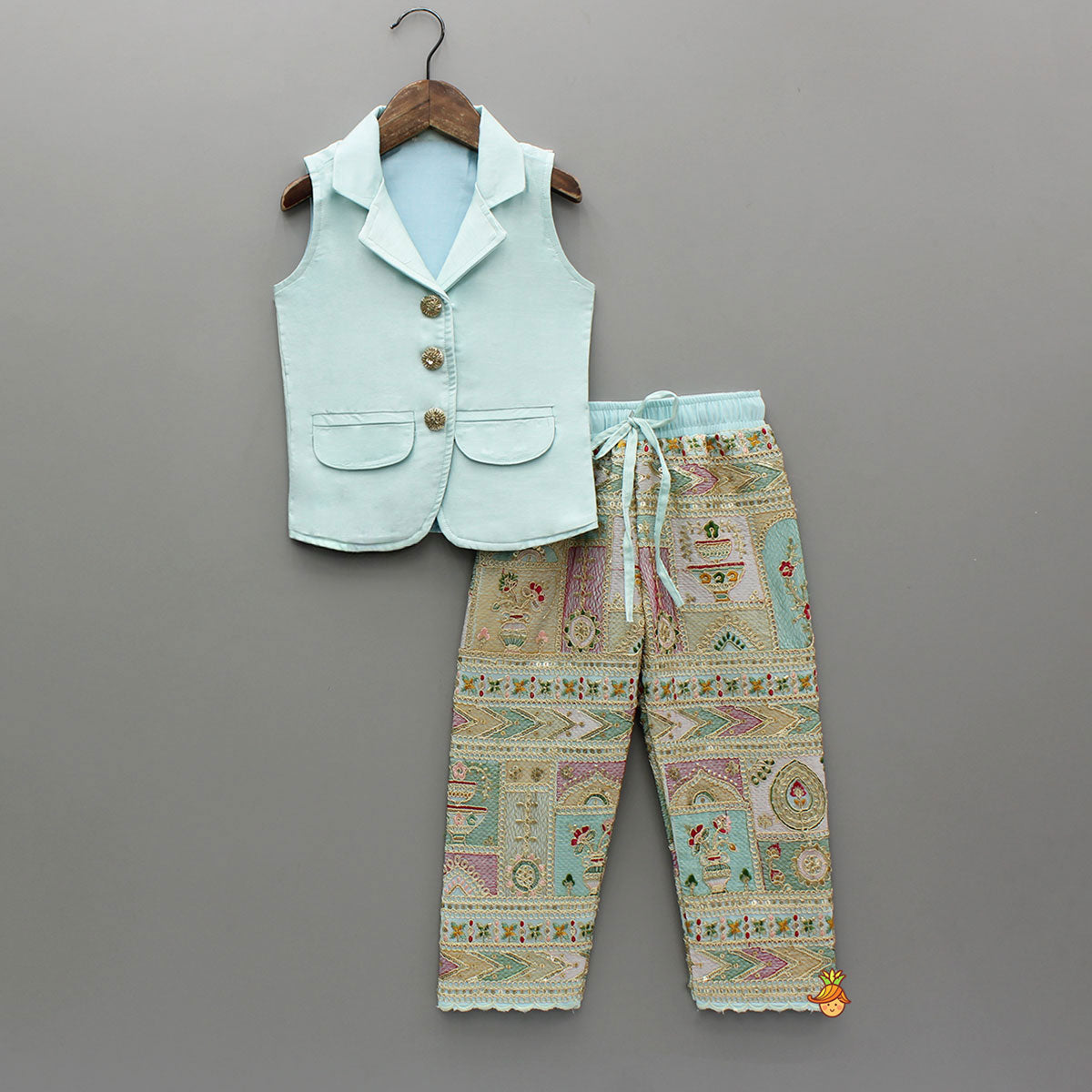 Blazer Style Blue Top And Heavy Zari Embroidered Pant