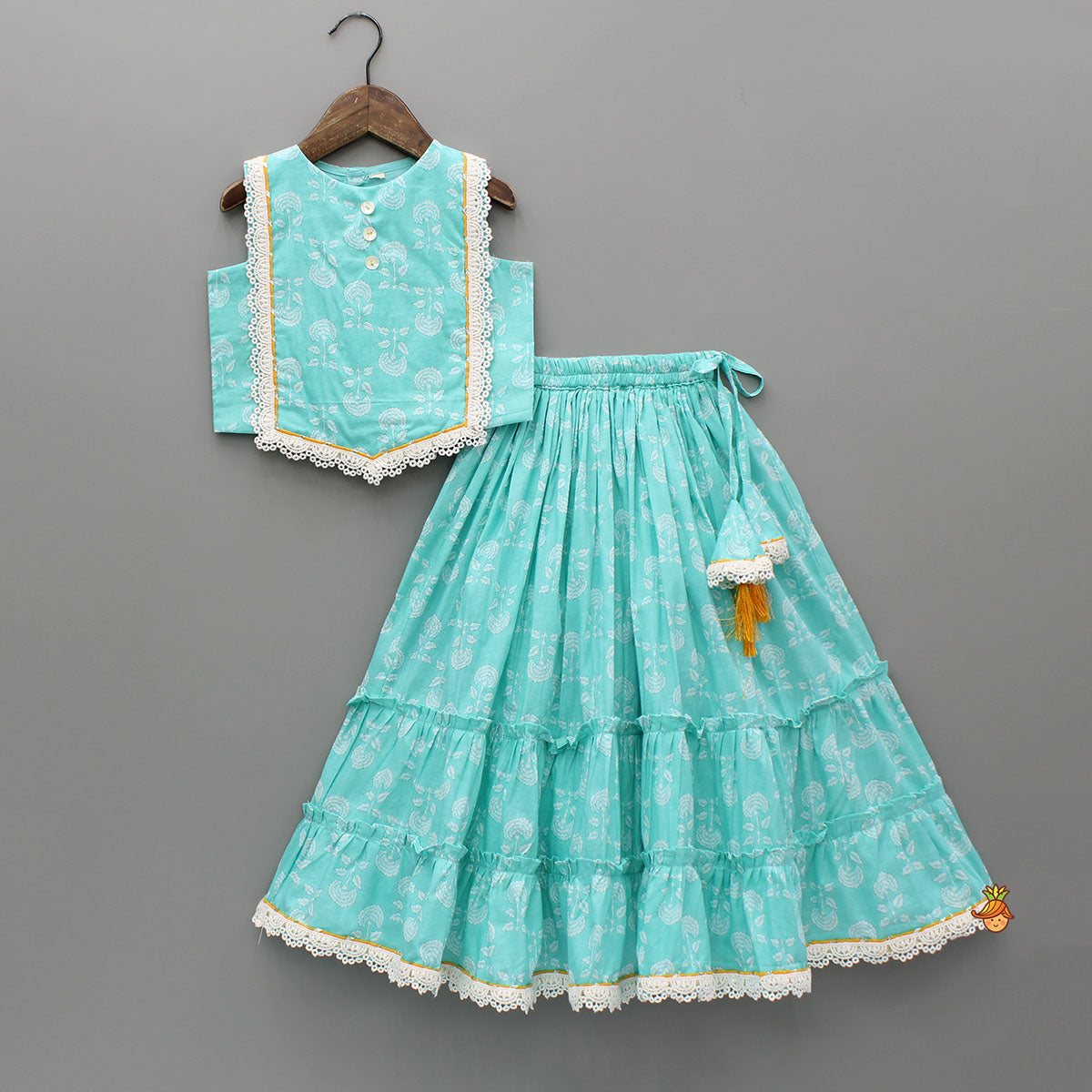 Blue Floral Printed Lace Top And Tiered Lehenga