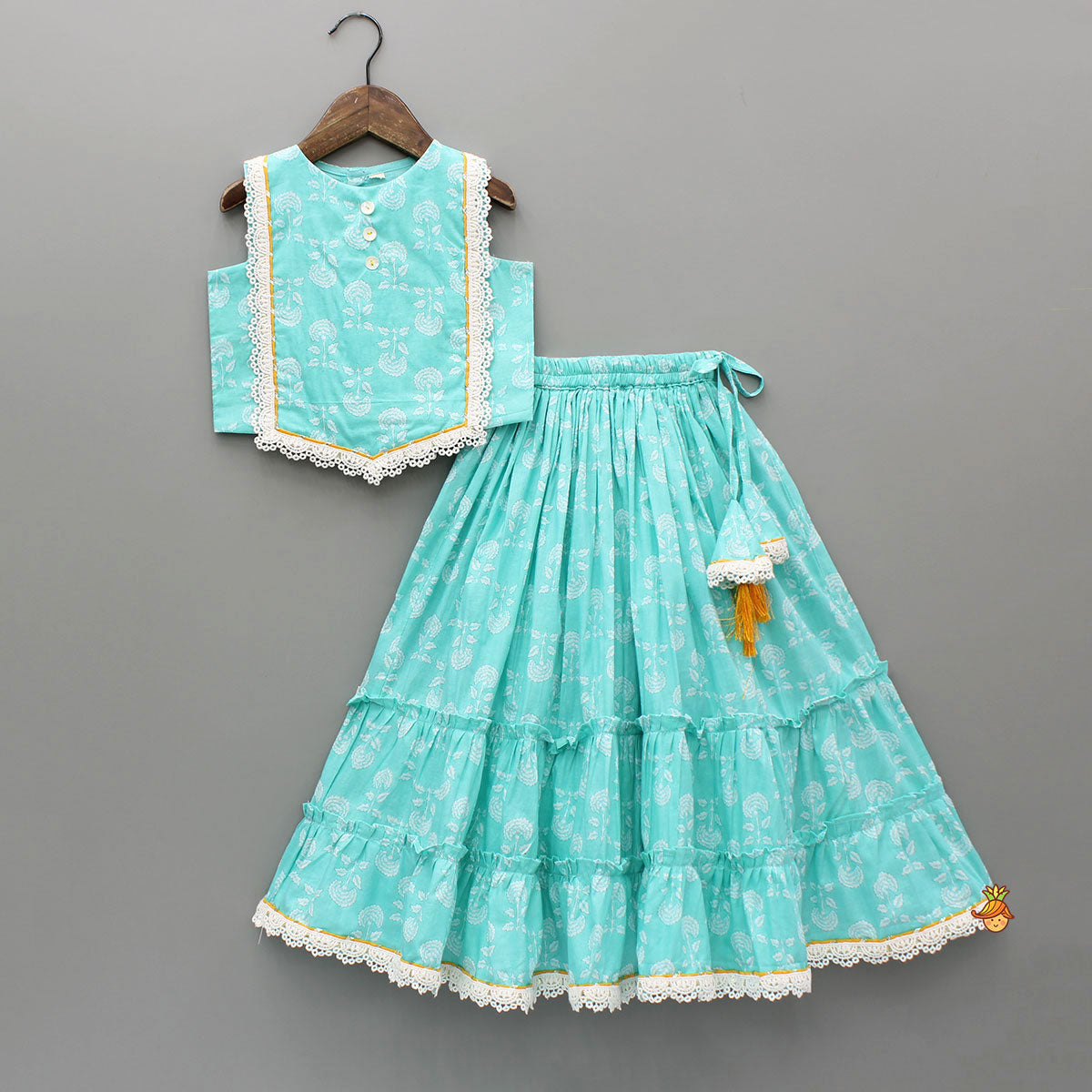 Blue Floral Printed Lace Top And Tiered Lehenga