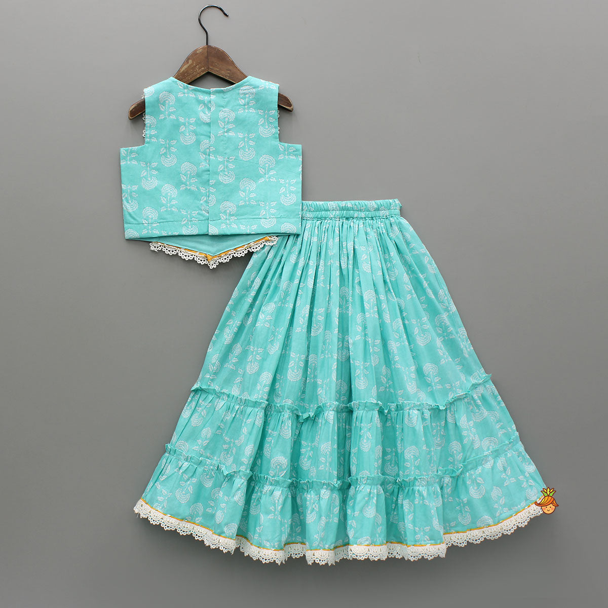 Blue Floral Printed Lace Top And Tiered Lehenga