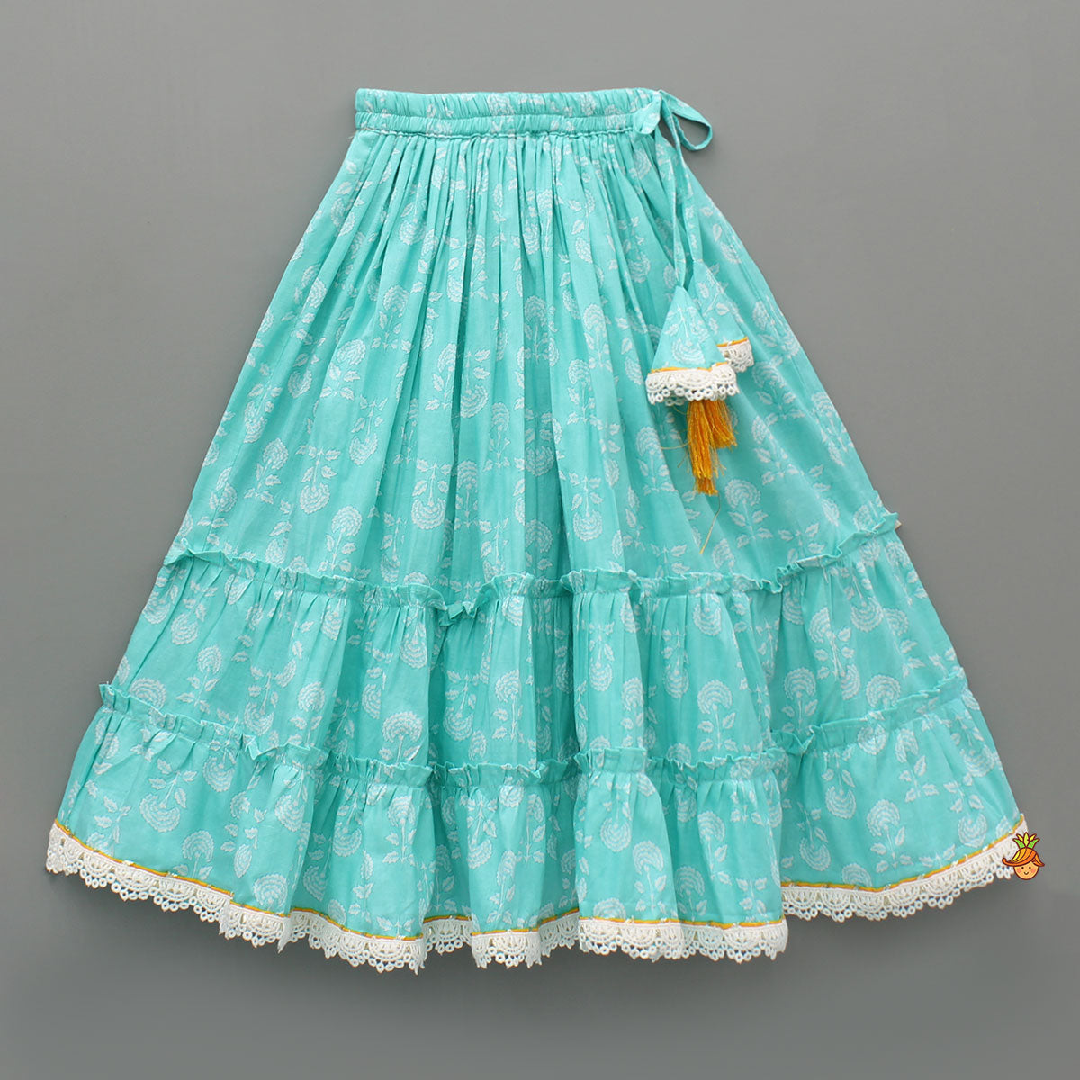 Blue Floral Printed Lace Top And Tiered Lehenga