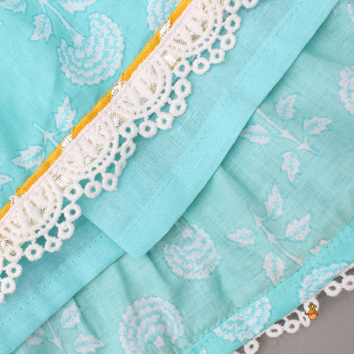Blue Floral Printed Lace Top And Tiered Lehenga
