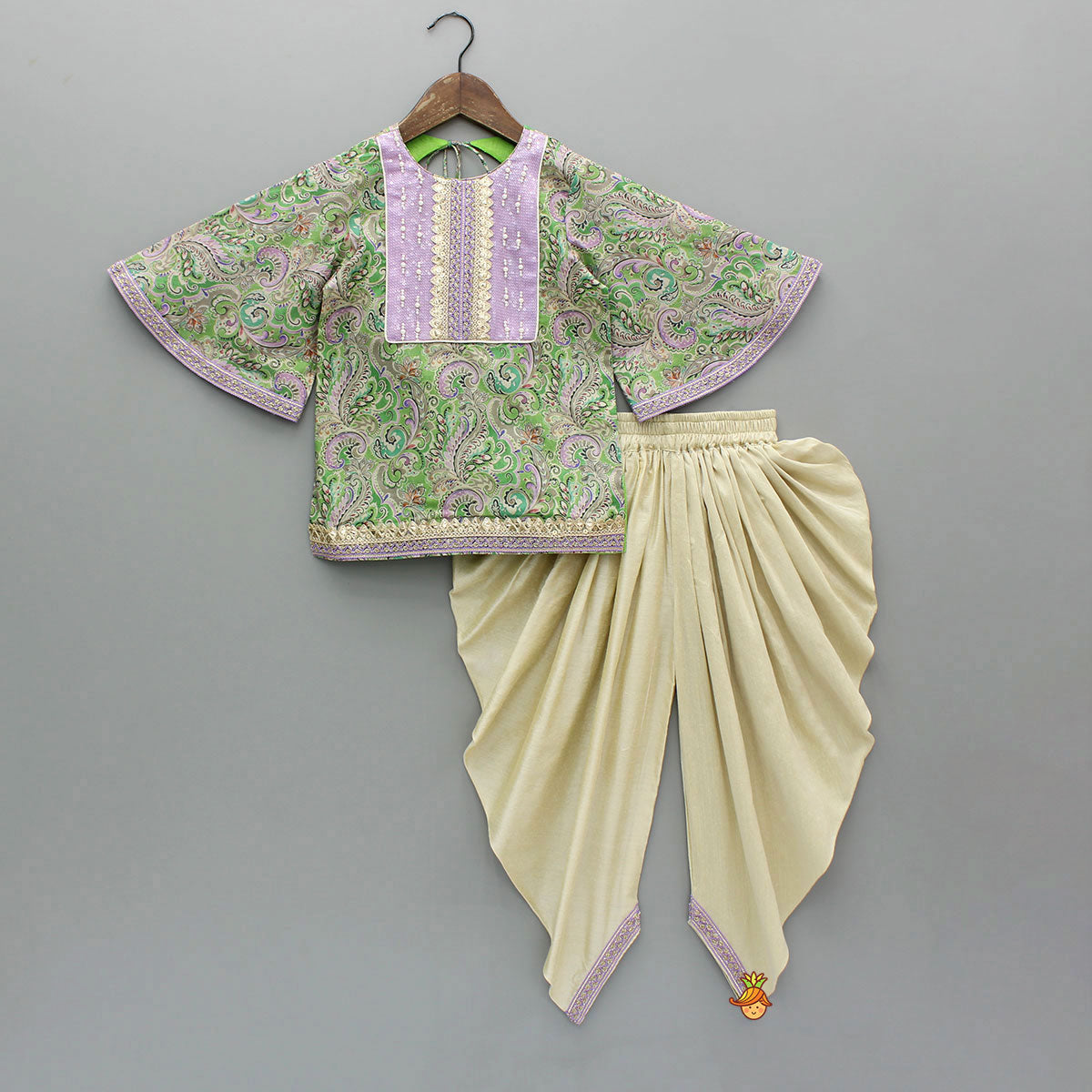 Yoke-Embroidered Green Top with Beige Dhoti