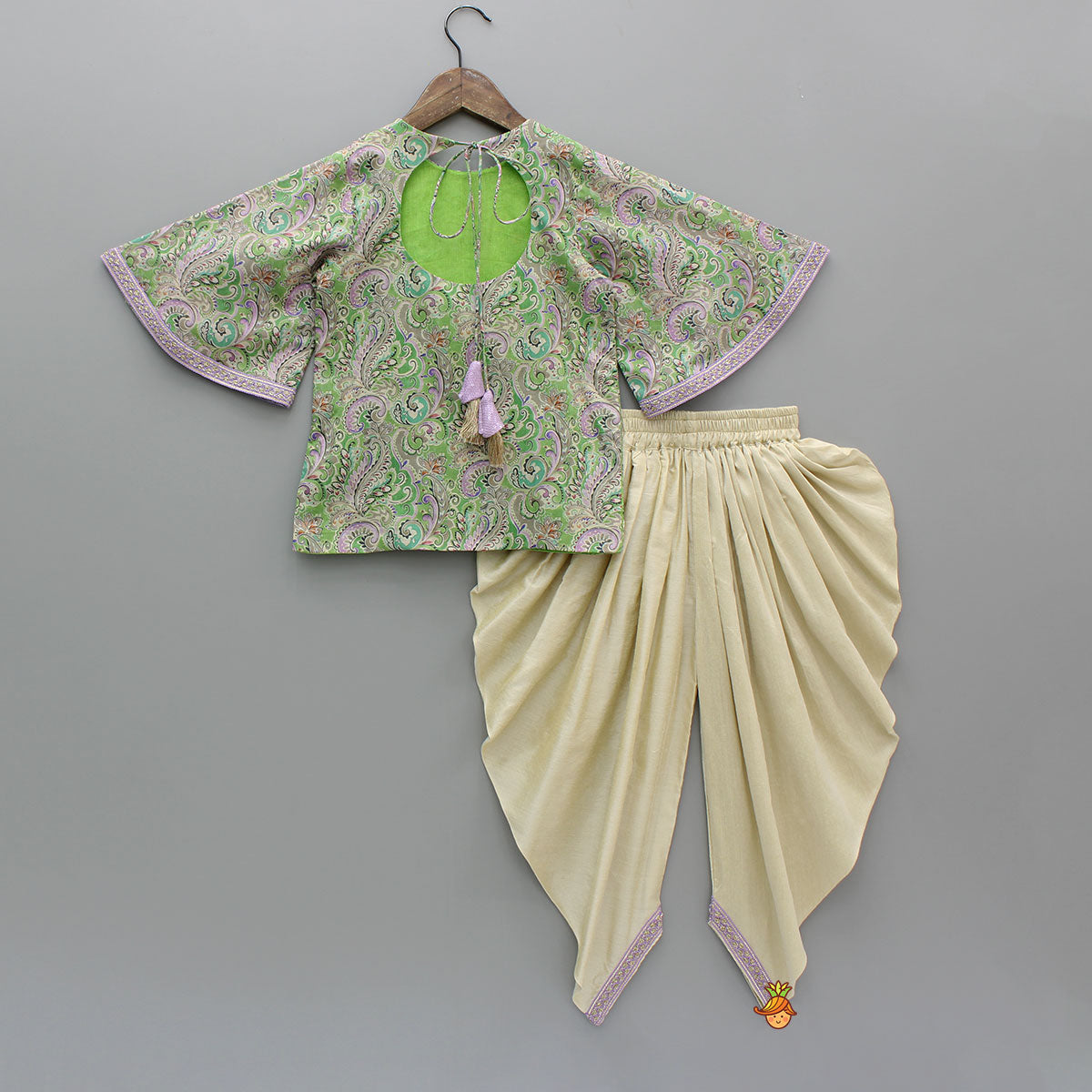 Yoke-Embroidered Green Top with Beige Dhoti